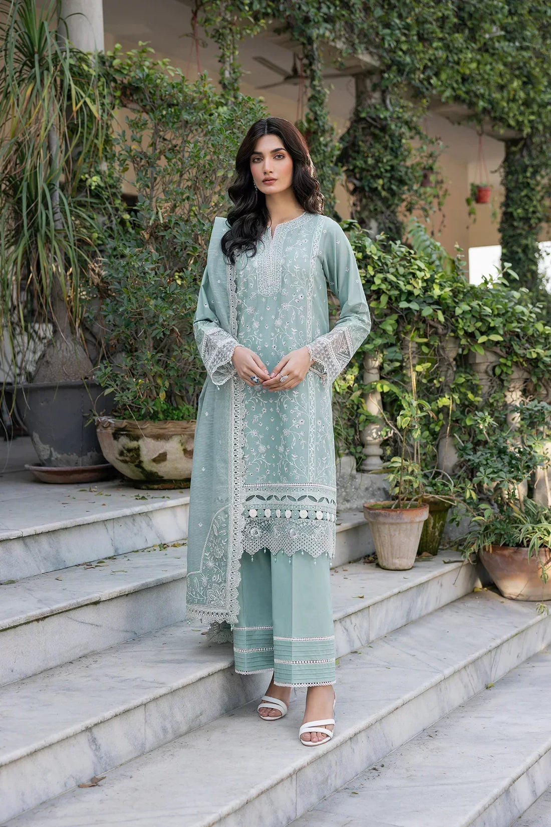 Farasha | Bahaar Embroidered Lawn | Aqua Pearl - House Of Hania