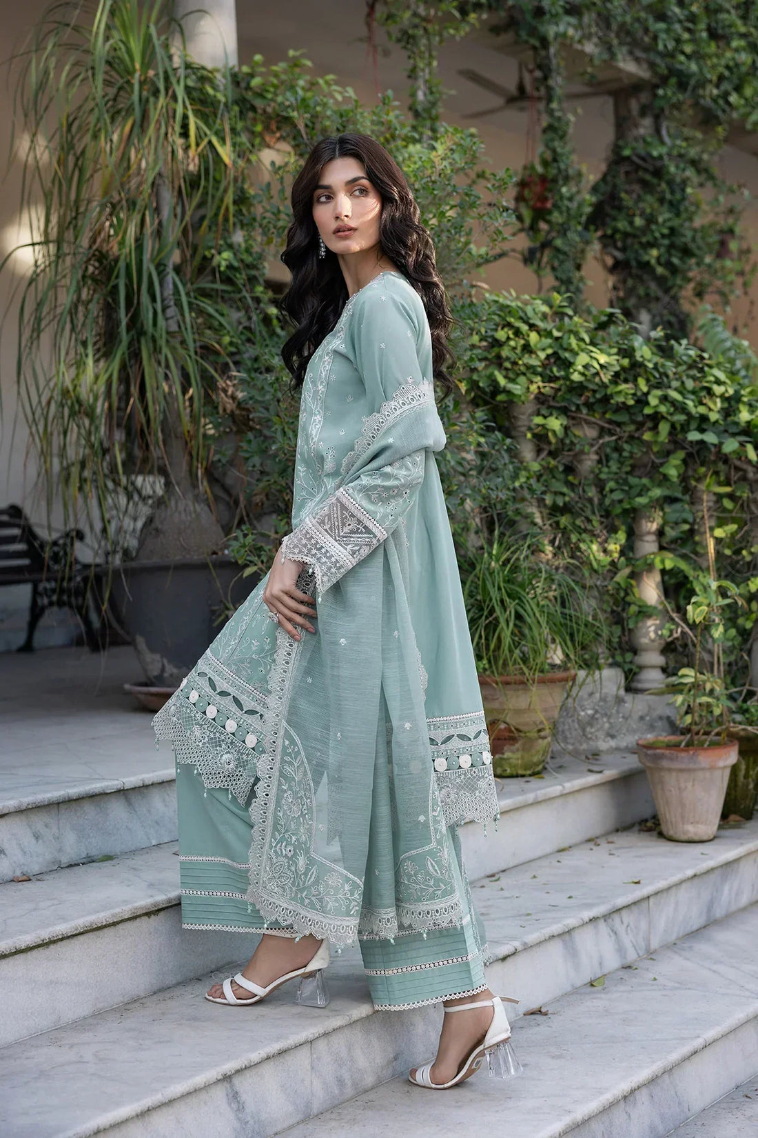 Farasha | Bahaar Embroidered Lawn | Aqua Pearl - House Of Hania