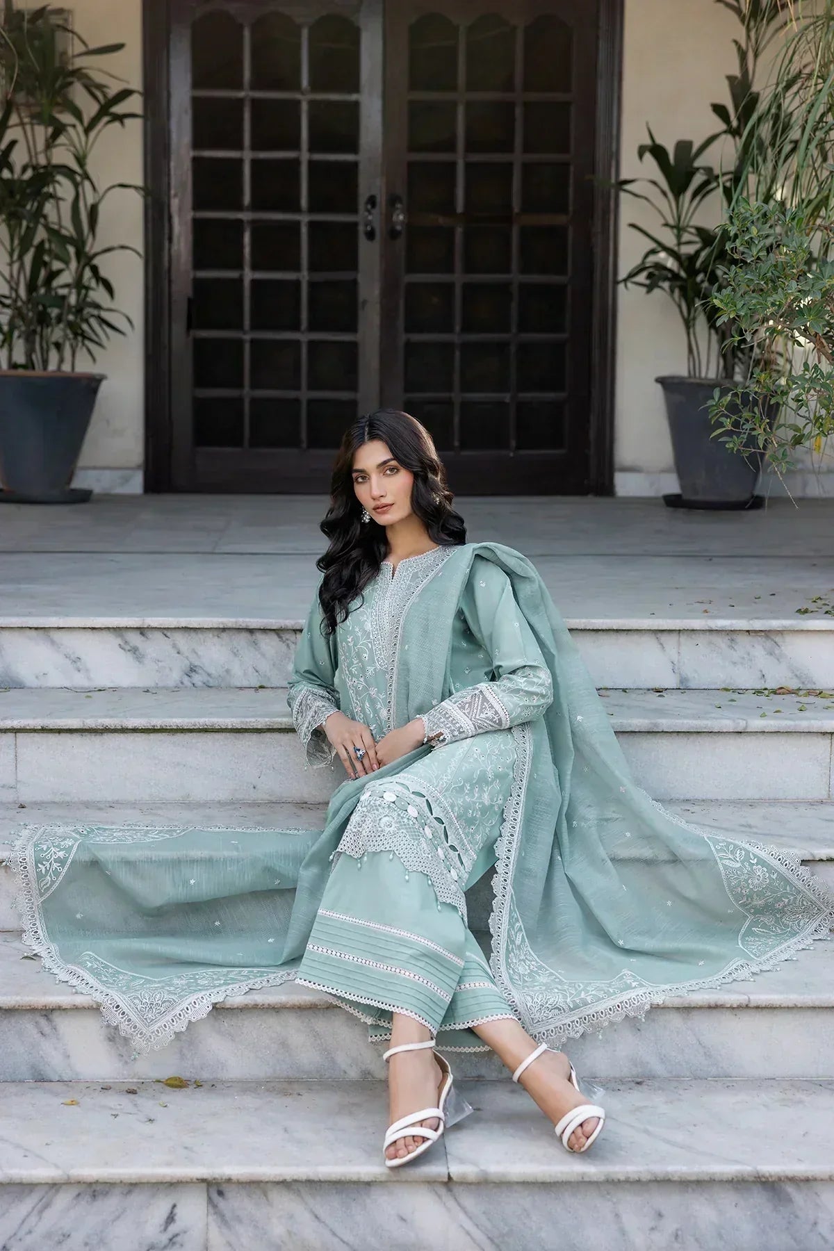Farasha | Bahaar Embroidered Lawn | Aqua Pearl - House Of Hania
