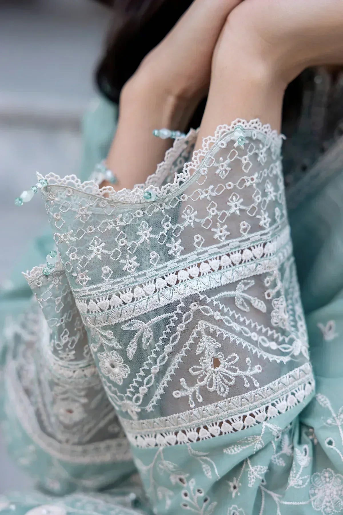 Farasha | Bahaar Embroidered Lawn | Aqua Pearl - House Of Hania