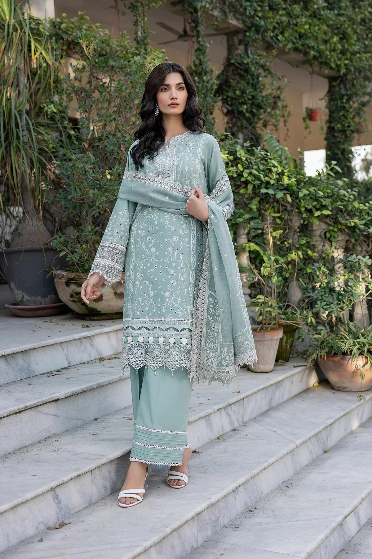 Farasha | Bahaar Embroidered Lawn | Aqua Pearl - House Of Hania