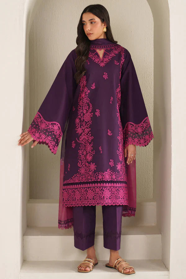 Farasha | Summer Weaves Embroidered lawn'26 | Magenta Silk - House Of Hania