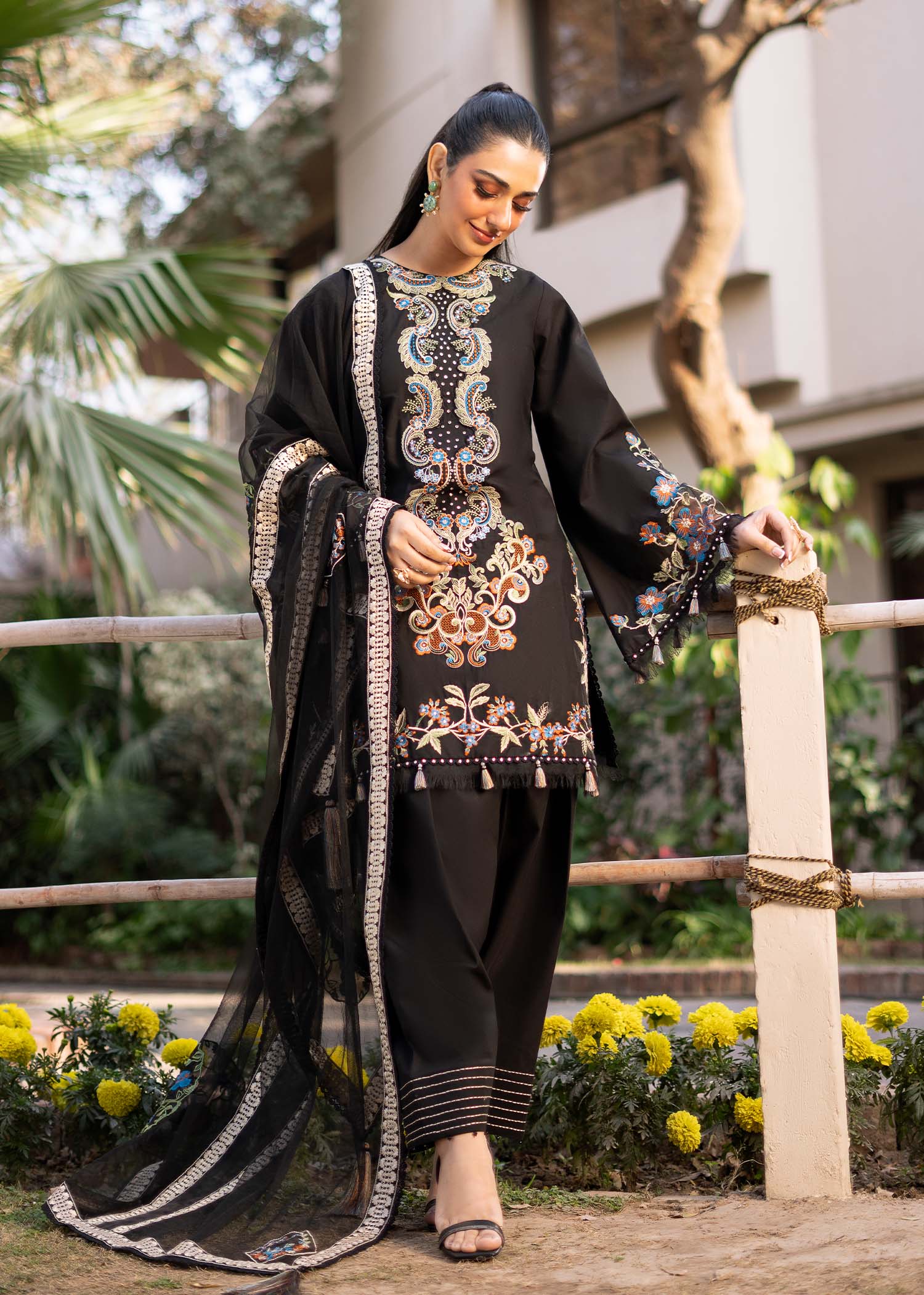 Fozia Khalid | Blossom Festive Lawn 25 | Black viola - House Of Hania