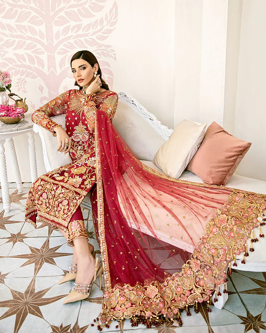 Gulaal | Fleur De Rose | Rouge Embroidered Net 3-Piece Suit WS-06 - House Of Hania