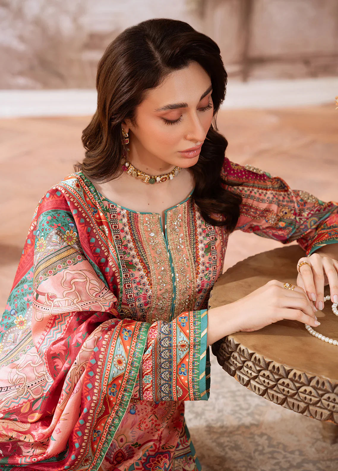 Gulaal | Velouré Printed Silk | Coral Éclat - House Of Hania