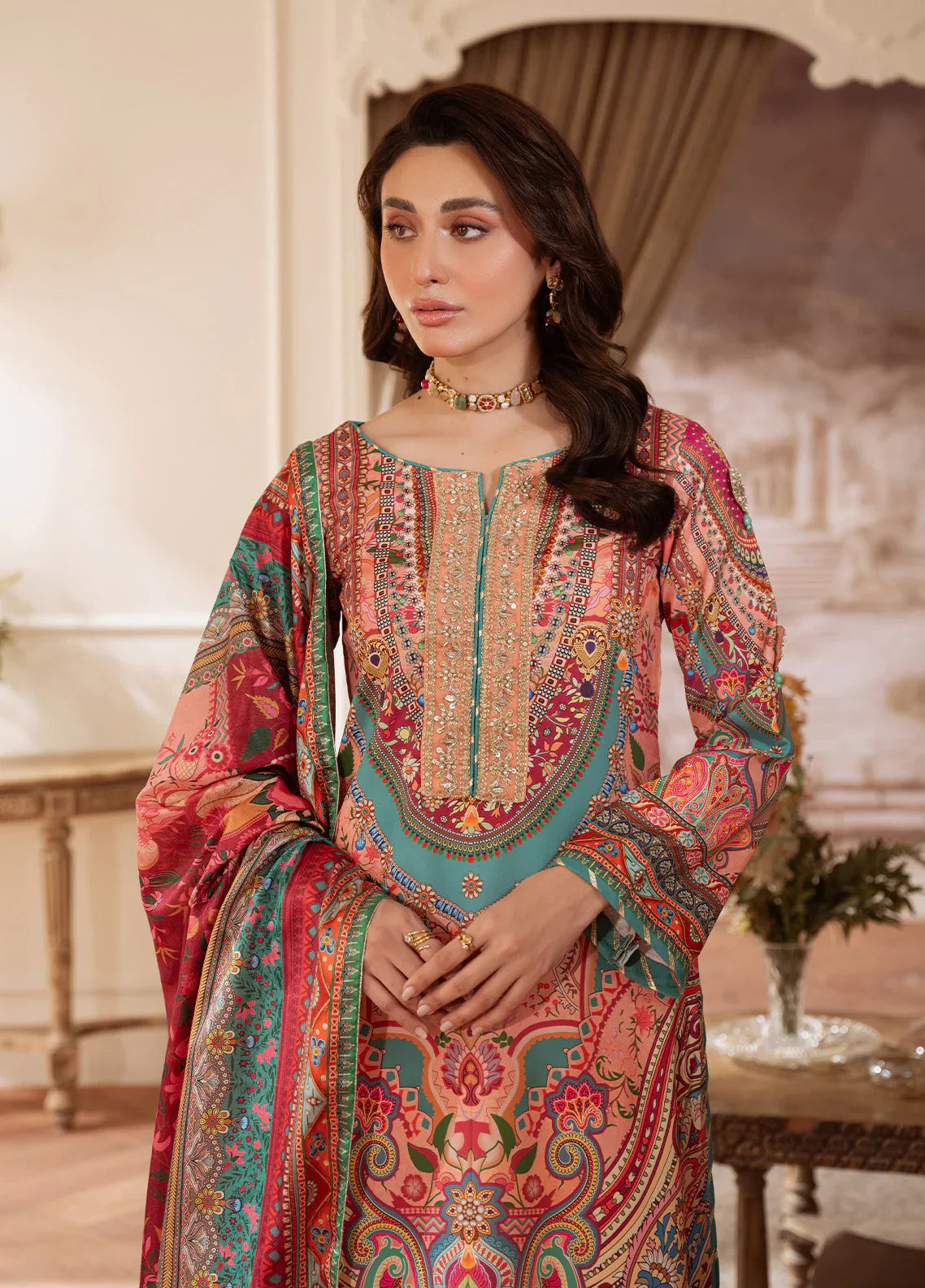 Gulaal | Velouré Printed Silk | Coral Éclat - House Of Hania
