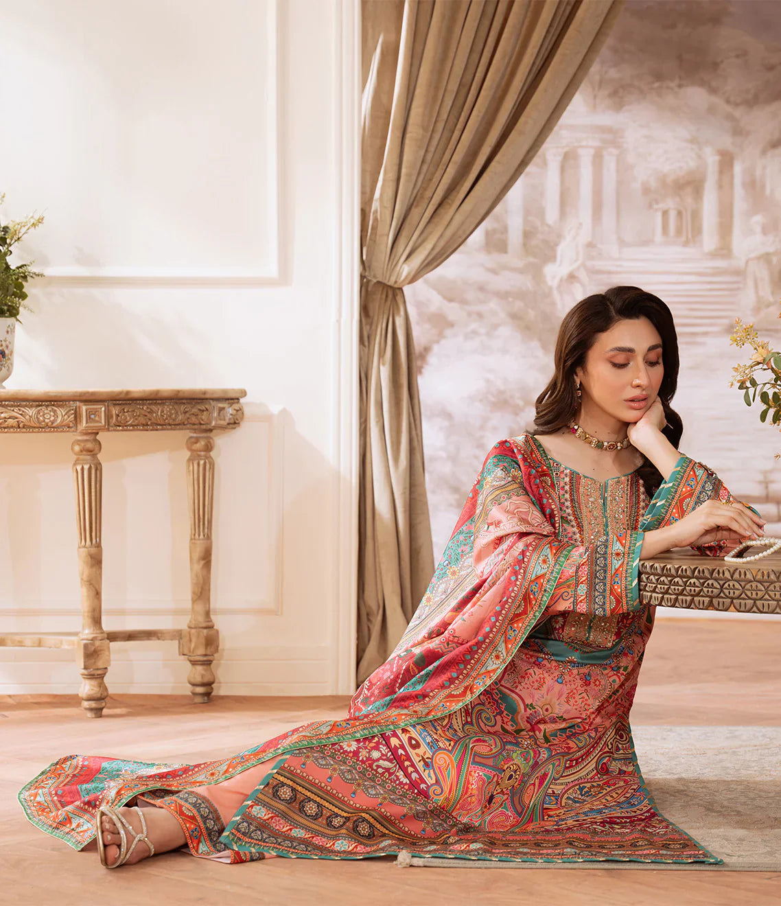 Gulaal | Velouré Printed Silk | Coral Éclat - House Of Hania