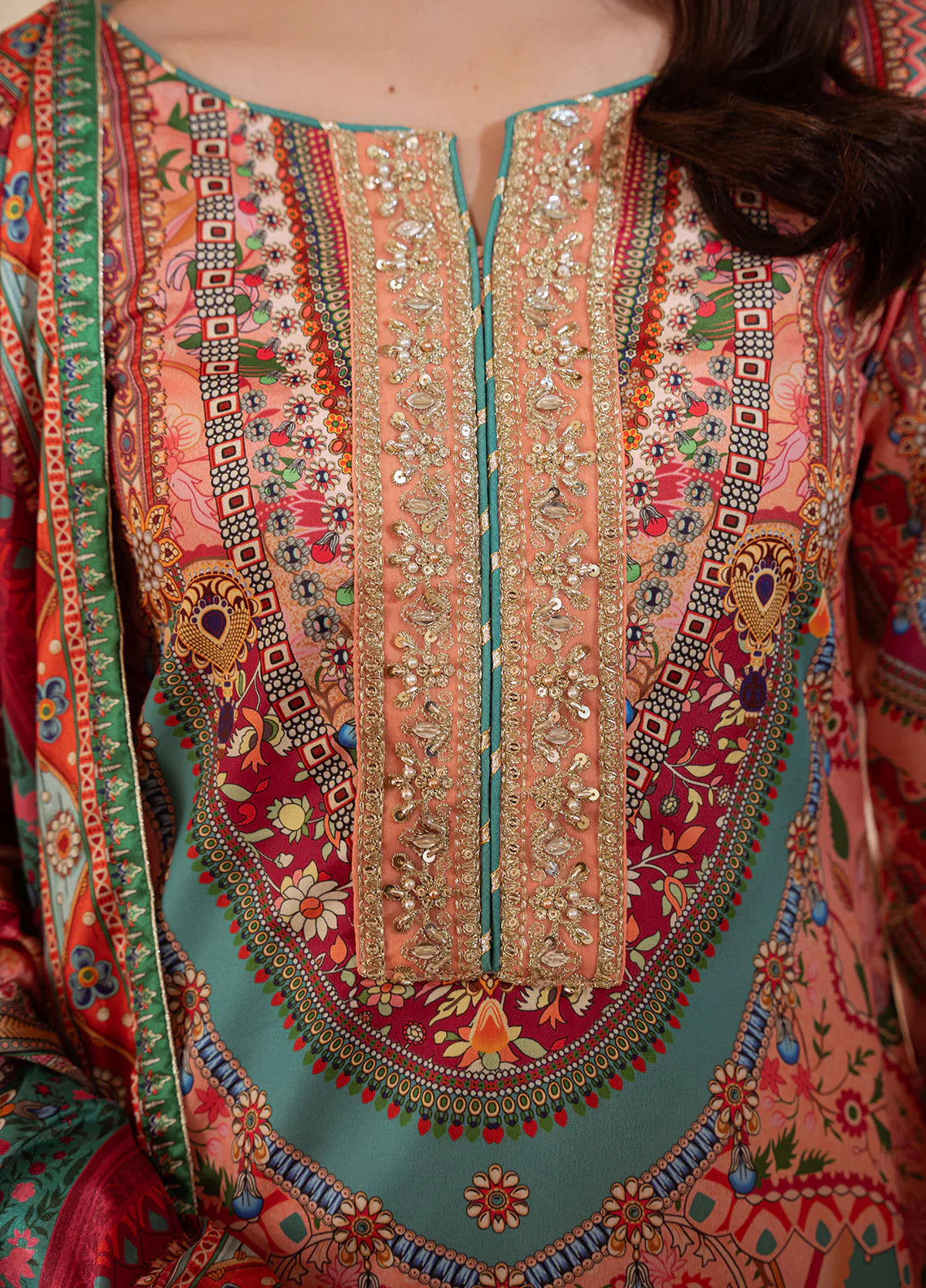 Gulaal | Velouré Printed Silk | Coral Éclat - House Of Hania