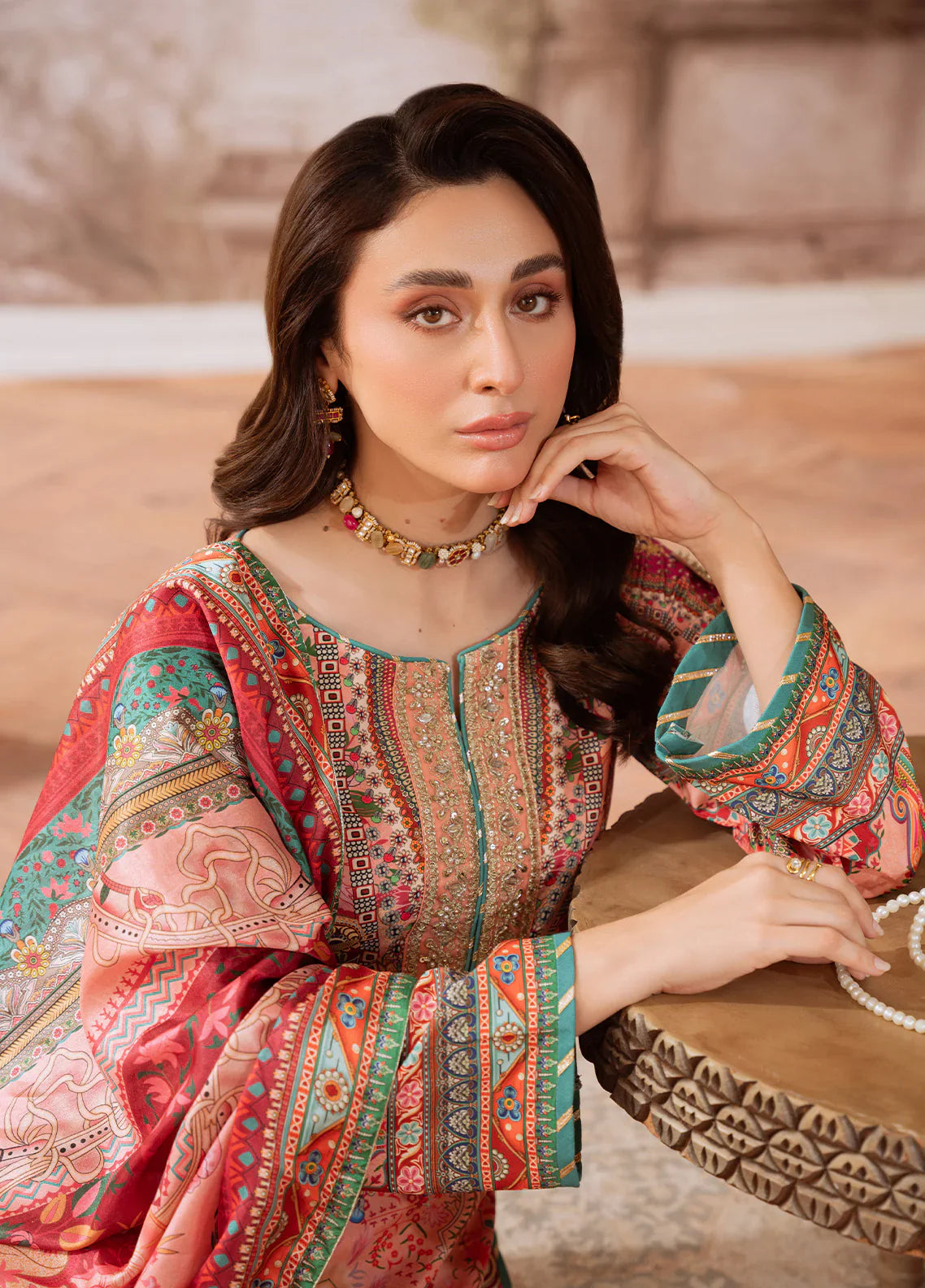 Gulaal | Velouré Printed Silk | Coral Éclat - House Of Hania