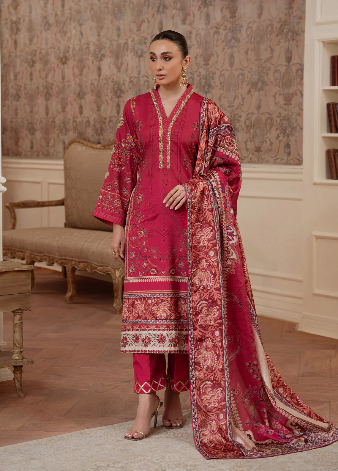 Gulaal | Velouré Printed Silk | Rosewood Majesty - House Of Hania