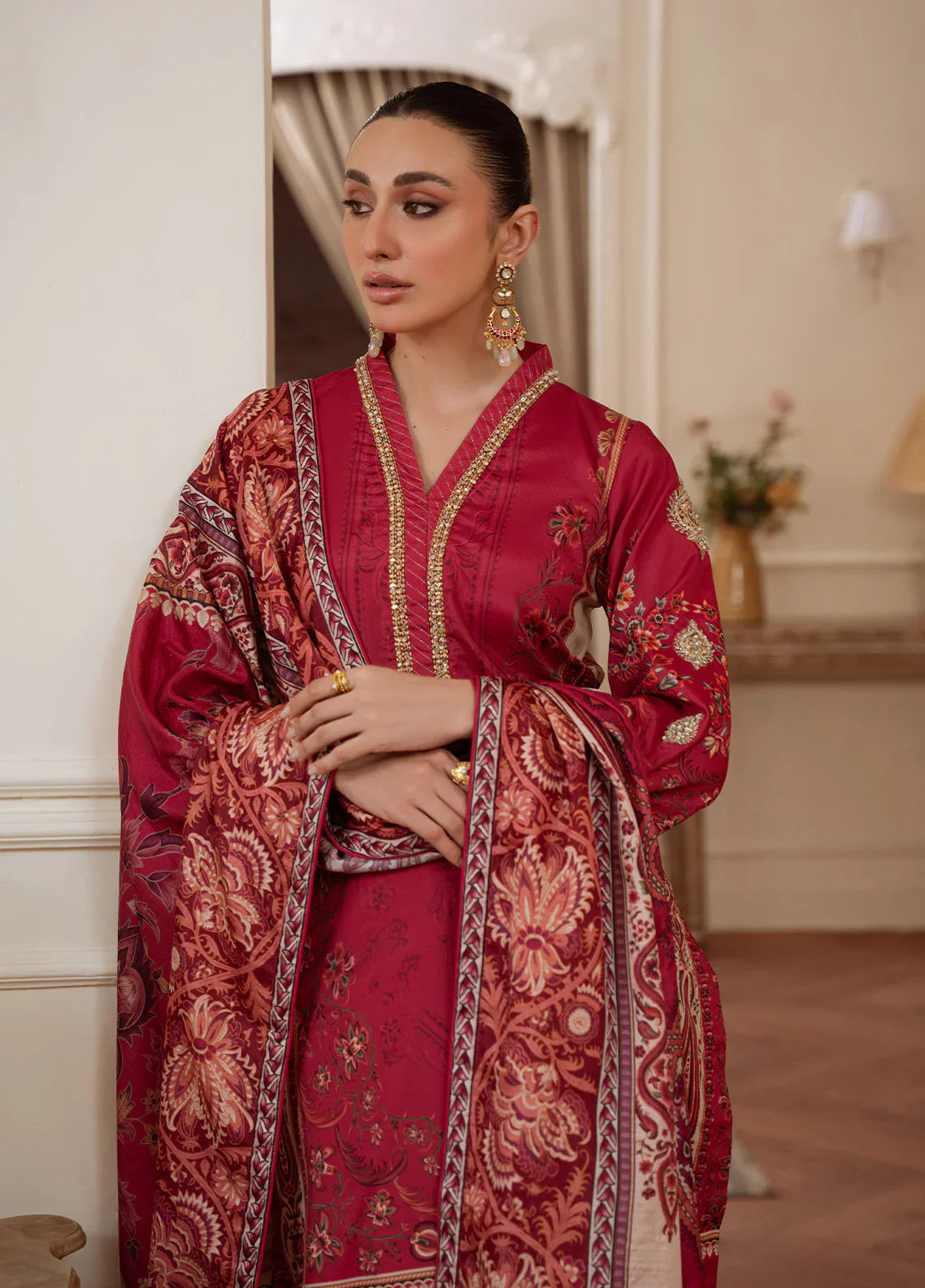Gulaal | Velouré Printed Silk | Rosewood Majesty - House Of Hania