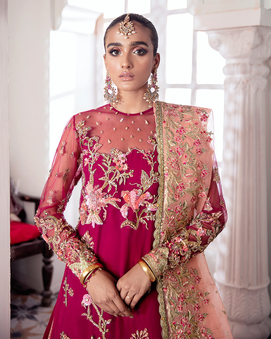 Gulaal | Wedding Formals | CHAMELI EMBROIDERED NET 3-PIECE SUIT WS-10 - House Of Hania