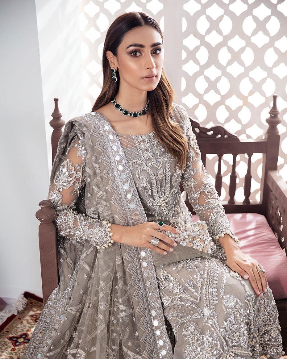 Gulaal | Wedding Formals | Gulnoor Embroidered Net 3-Piece Suit WS-18 - House Of Hania