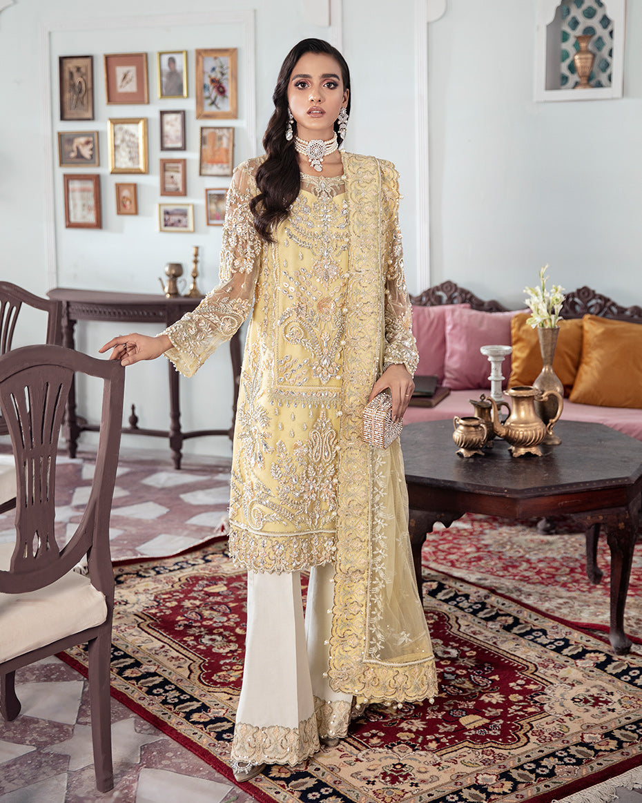 Gulaal | Wedding Formals | MAHJABEEN EMBROIDERED NET 3-PIECE SUIT WS-17 - House Of Hania