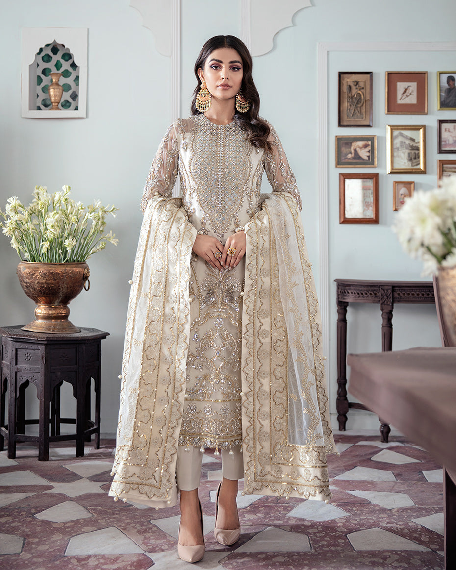 Gulaal | Wedding Formals | Mehr Embroidered Net 3-Piece Suit WS-19 - House Of Hania