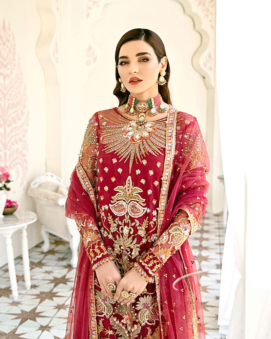 Gulaal | Wedding Formals | Rouge Embroidered Net 3-Piece Suit WS-06 - House Of Hania