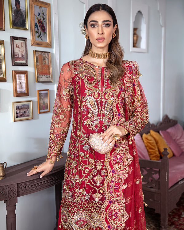 Gulaal | Wedding Formals | Tamanah Embroidered Net 3-Piece Suit WS-12 - House Of Hania
