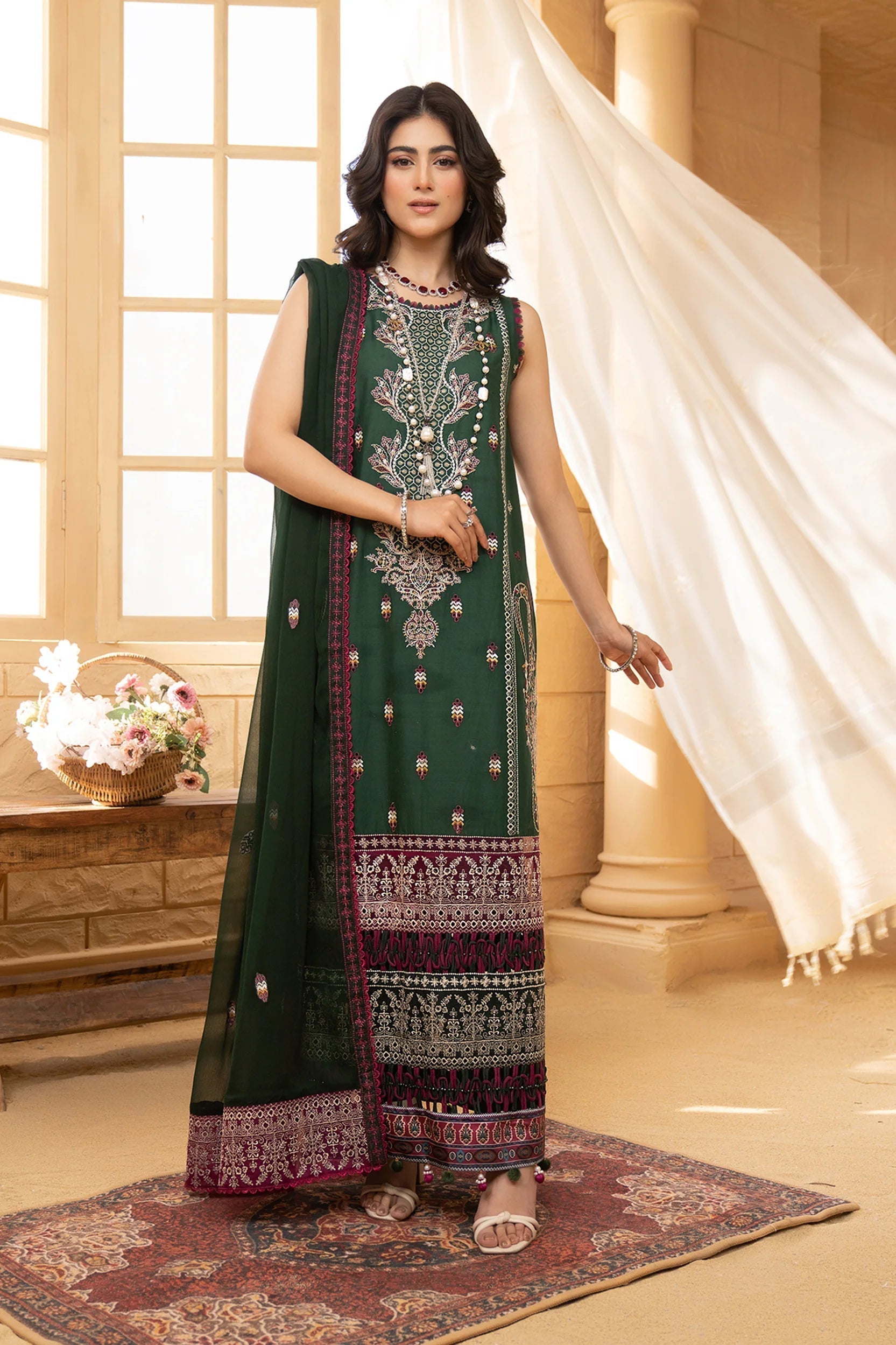 Hemstitch | Summer Luxury Lawn 24 | Bottle Green - House Of Hania