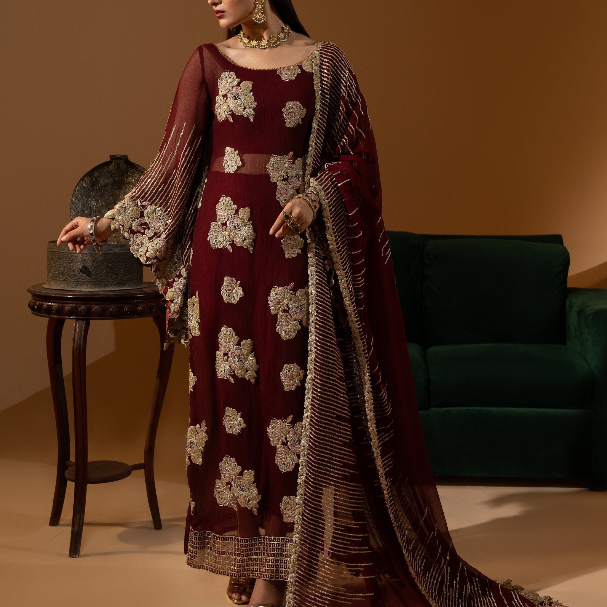 Hemstitch Wedding Formal Chiffon 3Pc Suit WDU-01 Rubby - House Of Hania