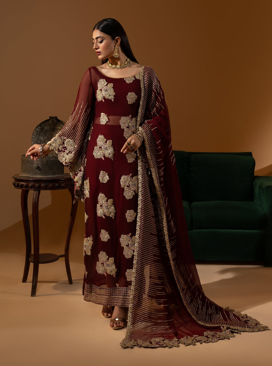 Hemstitch Wedding Formal Chiffon 3Pc Suit WDU-01 Rubby - House Of Hania