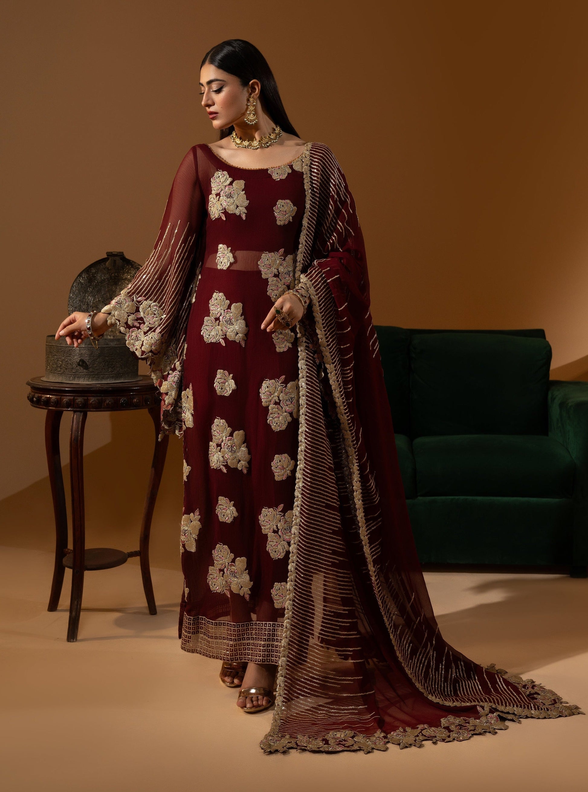 Hemstitch Wedding Formal Chiffon 3Pc Suit WDU-01 Rubby - House Of Hania