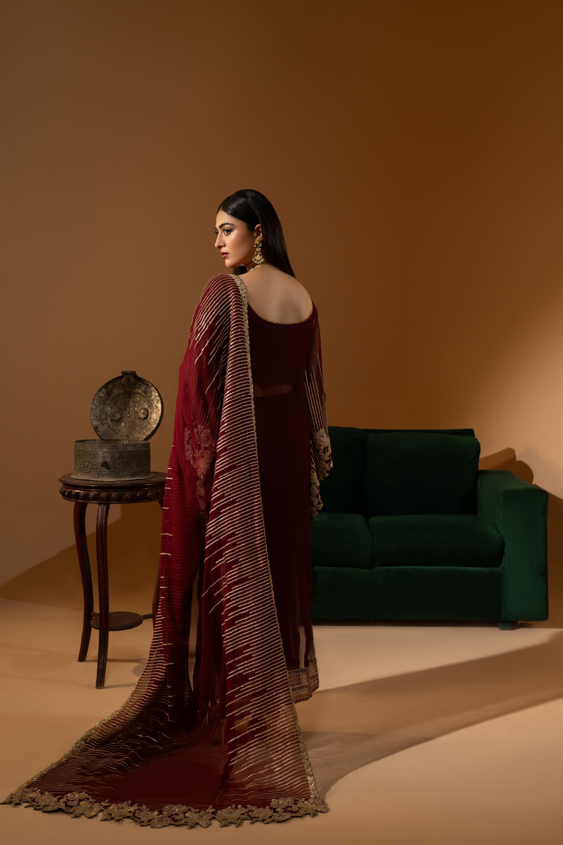 Hemstitch Wedding Formal Chiffon 3Pc Suit WDU-01 Rubby - House Of Hania