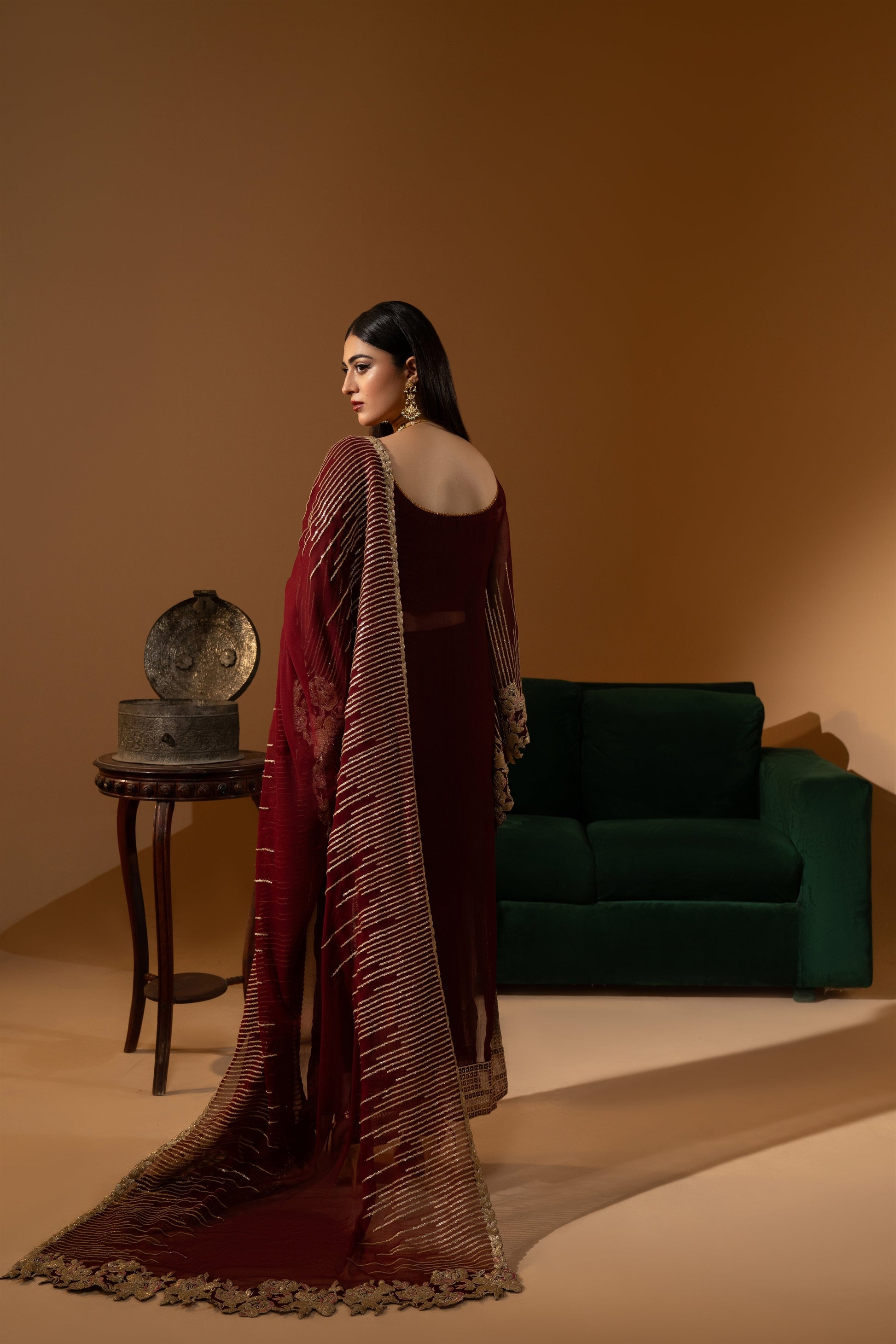 Hemstitch Wedding Formal Chiffon 3Pc Suit WDU-01 Rubby - House Of Hania