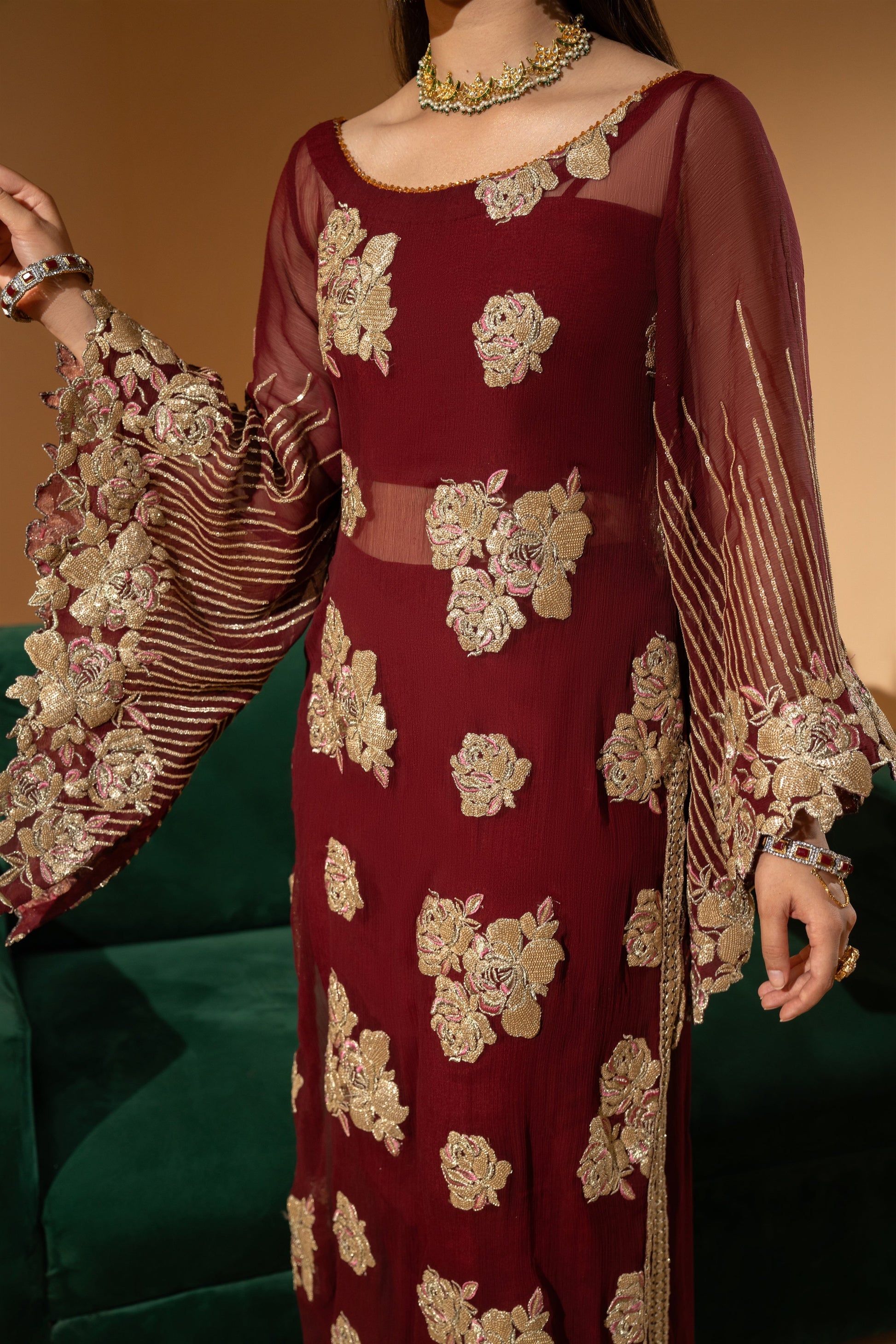 Hemstitch Wedding Formal Chiffon 3Pc Suit WDU-01 Rubby - House Of Hania