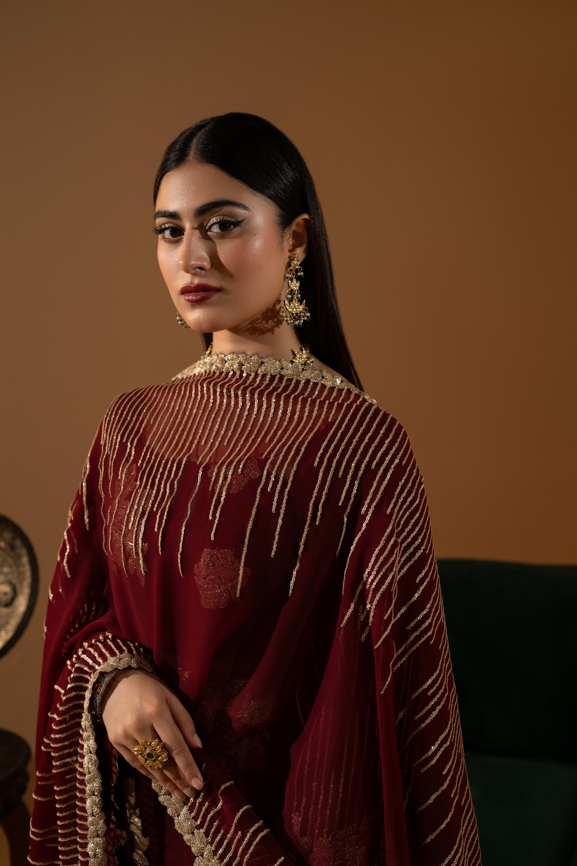 Hemstitch Wedding Formal Chiffon 3Pc Suit WDU-01 Rubby - House Of Hania