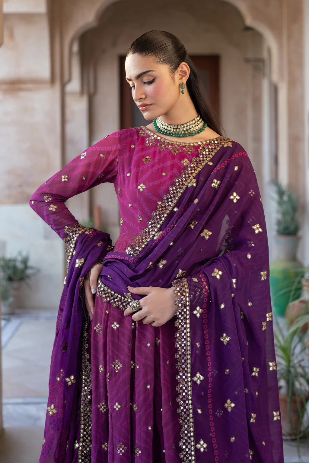 Iznik | Bandhani | UE-327 Embroidered Chiffon - House Of Hania