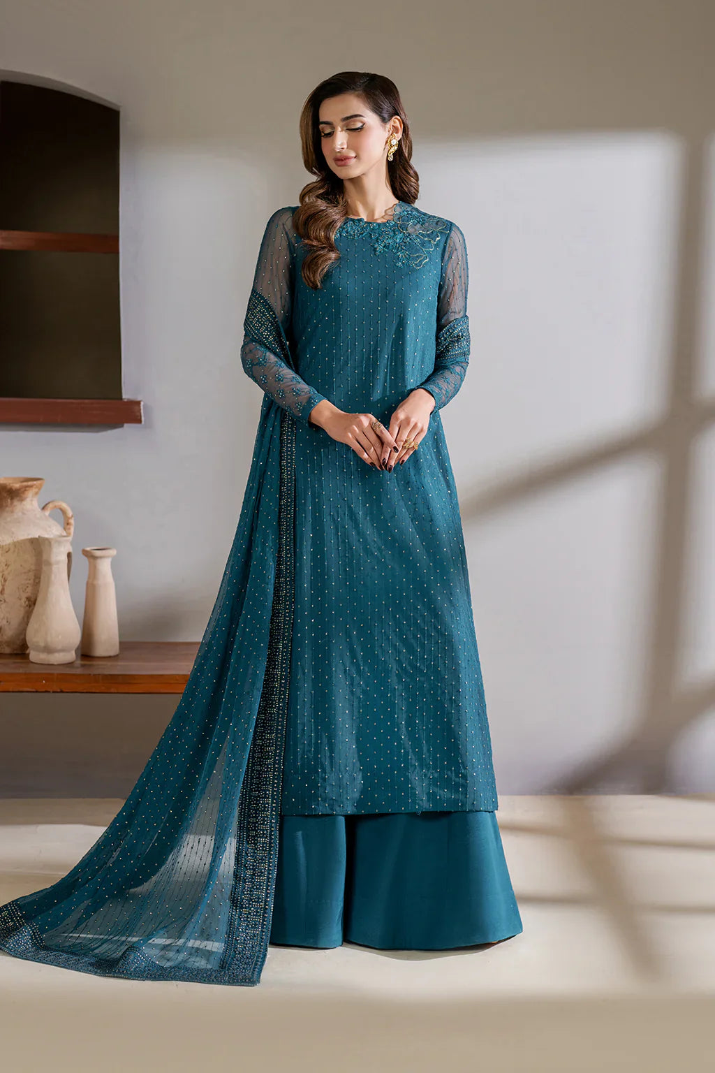 Iznik | Chinon Chiffon | CC-57 Embroidered Net - House Of Hania