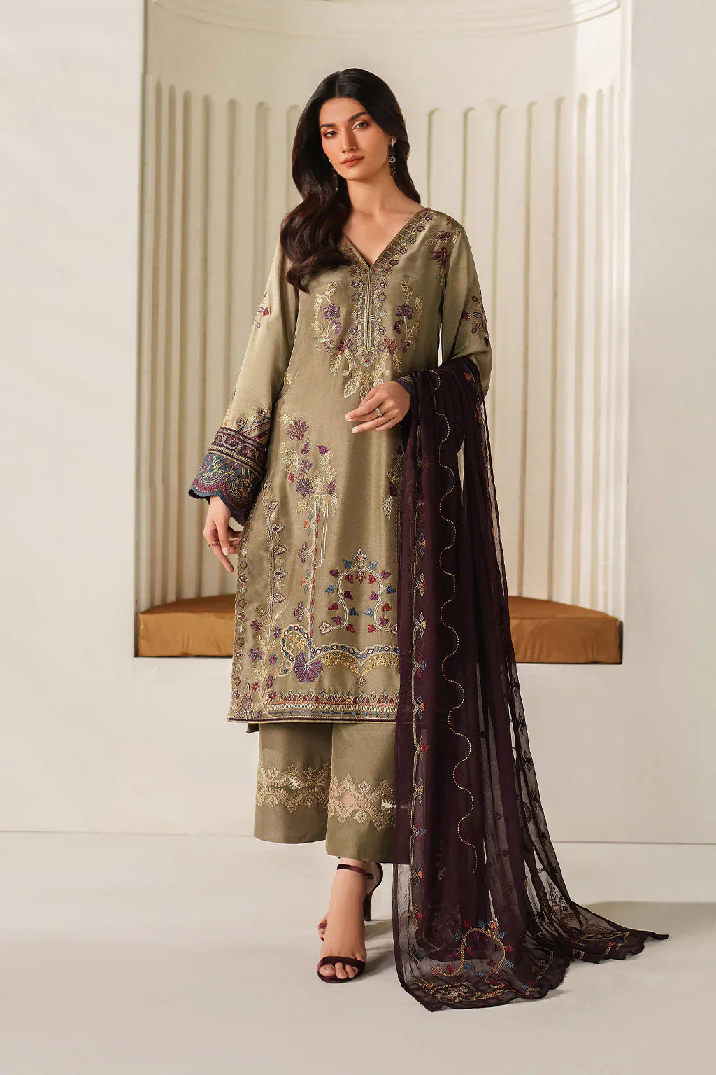 Iznik | Festive Formals | UE-614 Embroidered Ramen Silk - House Of Hania