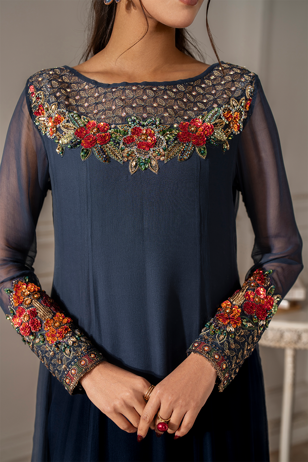 Iznik I Festive Formal I UE-412 Embroidered Chiffon - House Of Hania