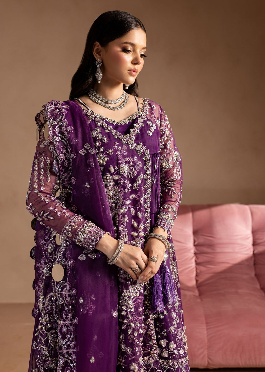 Lamhay by Maria Osama Khan Embroidered Organza 3Pc Suit - Sheesham - House Of Hania