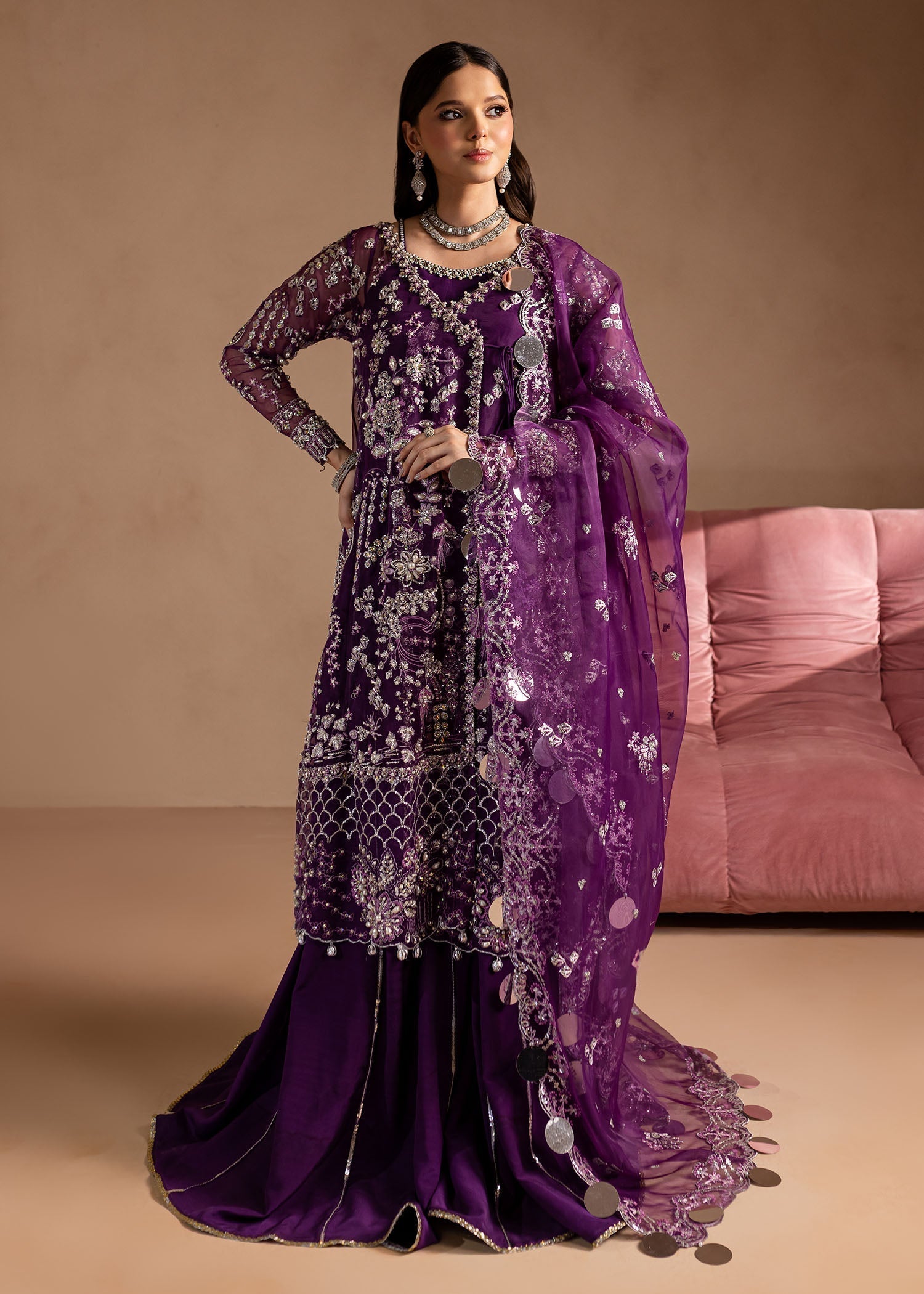 Lamhay by Maria Osama Khan Embroidered Organza 3Pc Suit - Sheesham - House Of Hania