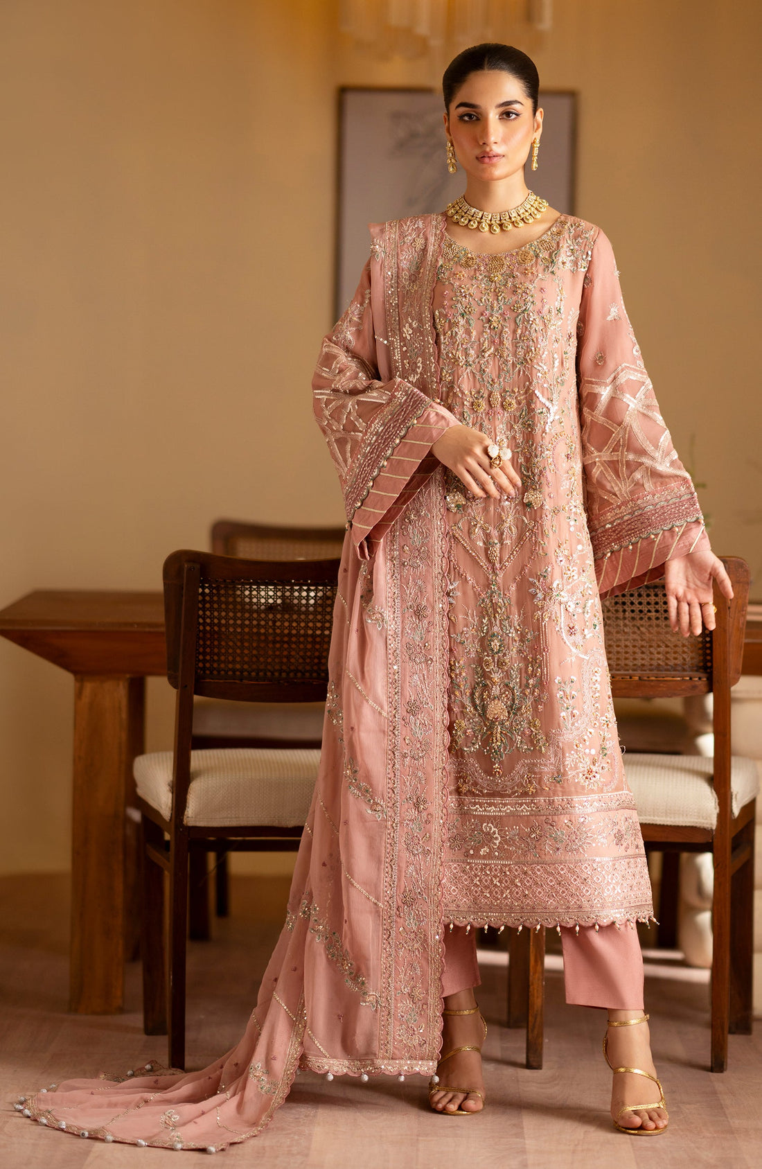Emaan Adeel Saleha embroidered chiffon outfit — front view