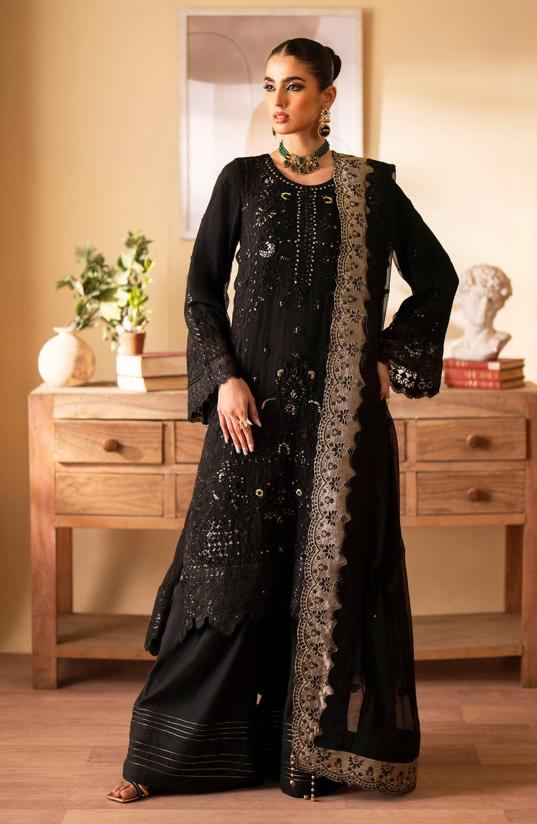 Emaan Adeel Rehani embroidered chiffon outfit — front view