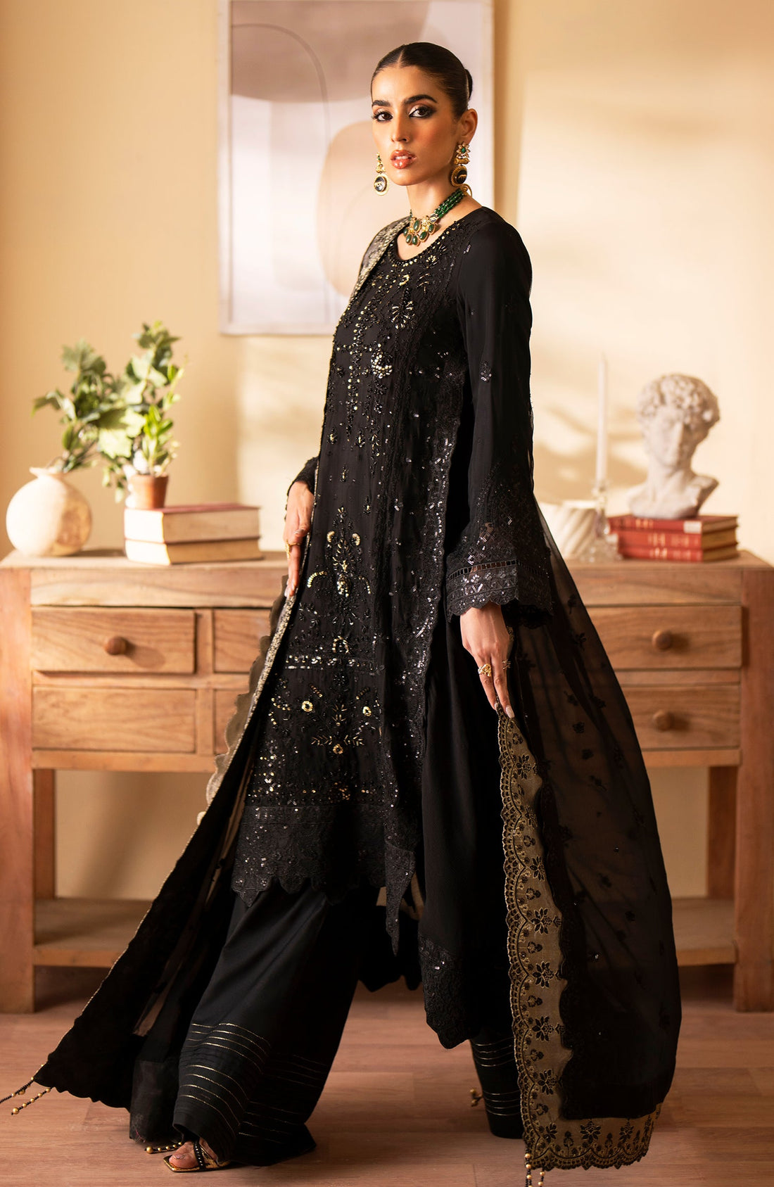 Emaan Adeel Rehani embroidered chiffon outfit — front view
