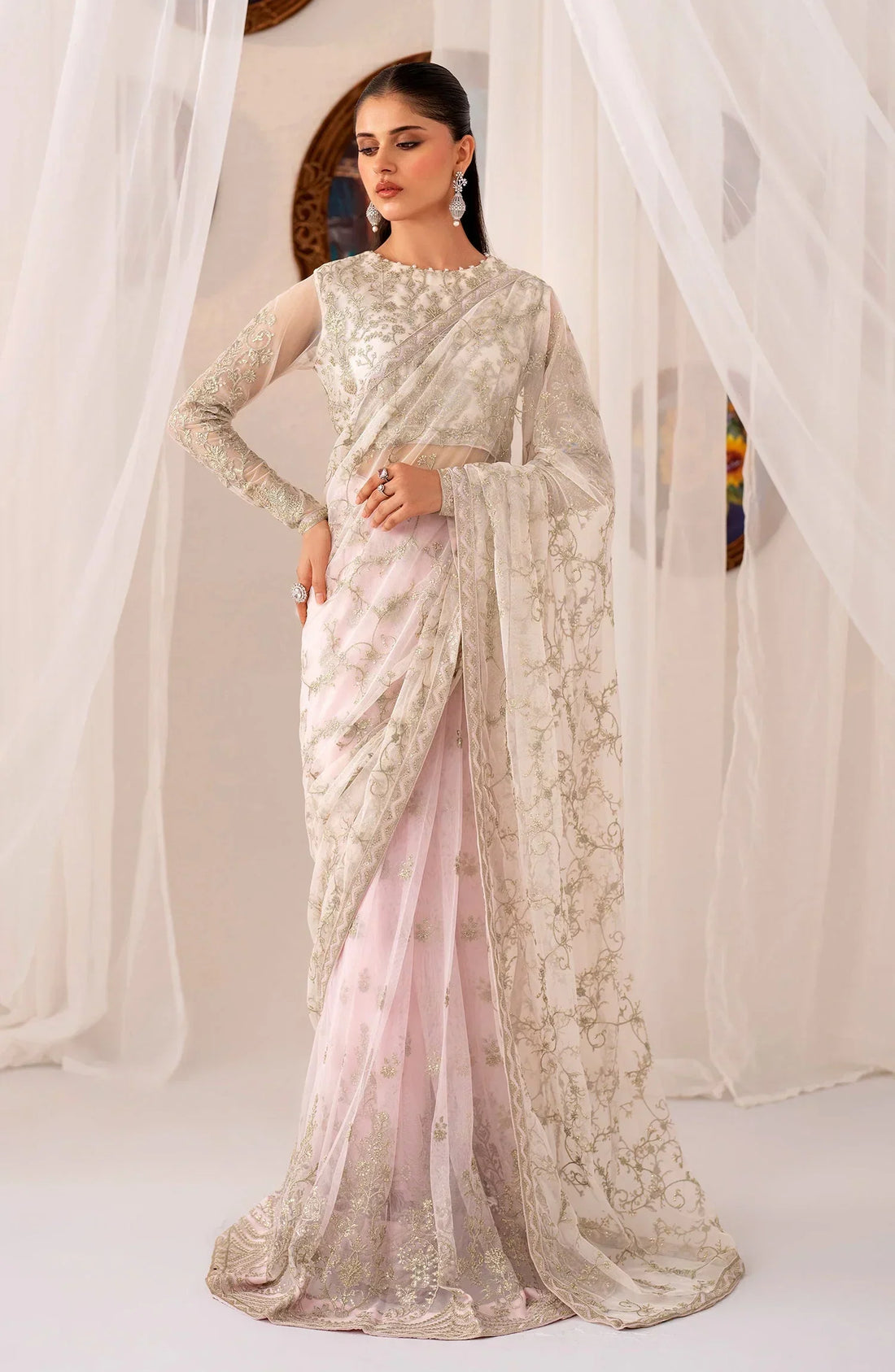 Maheer by Zarif Sequins Embroidered Net 3Pc Suit ZMU-01 PEARL - House Of Hania