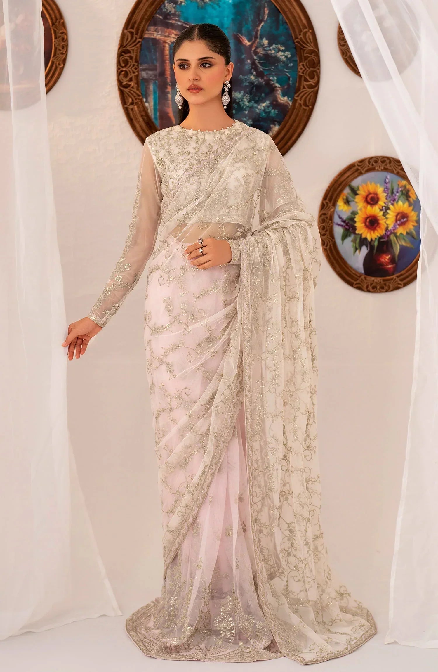 Maheer by Zarif Sequins Embroidered Net 3Pc Suit ZMU-01 PEARL - House Of Hania
