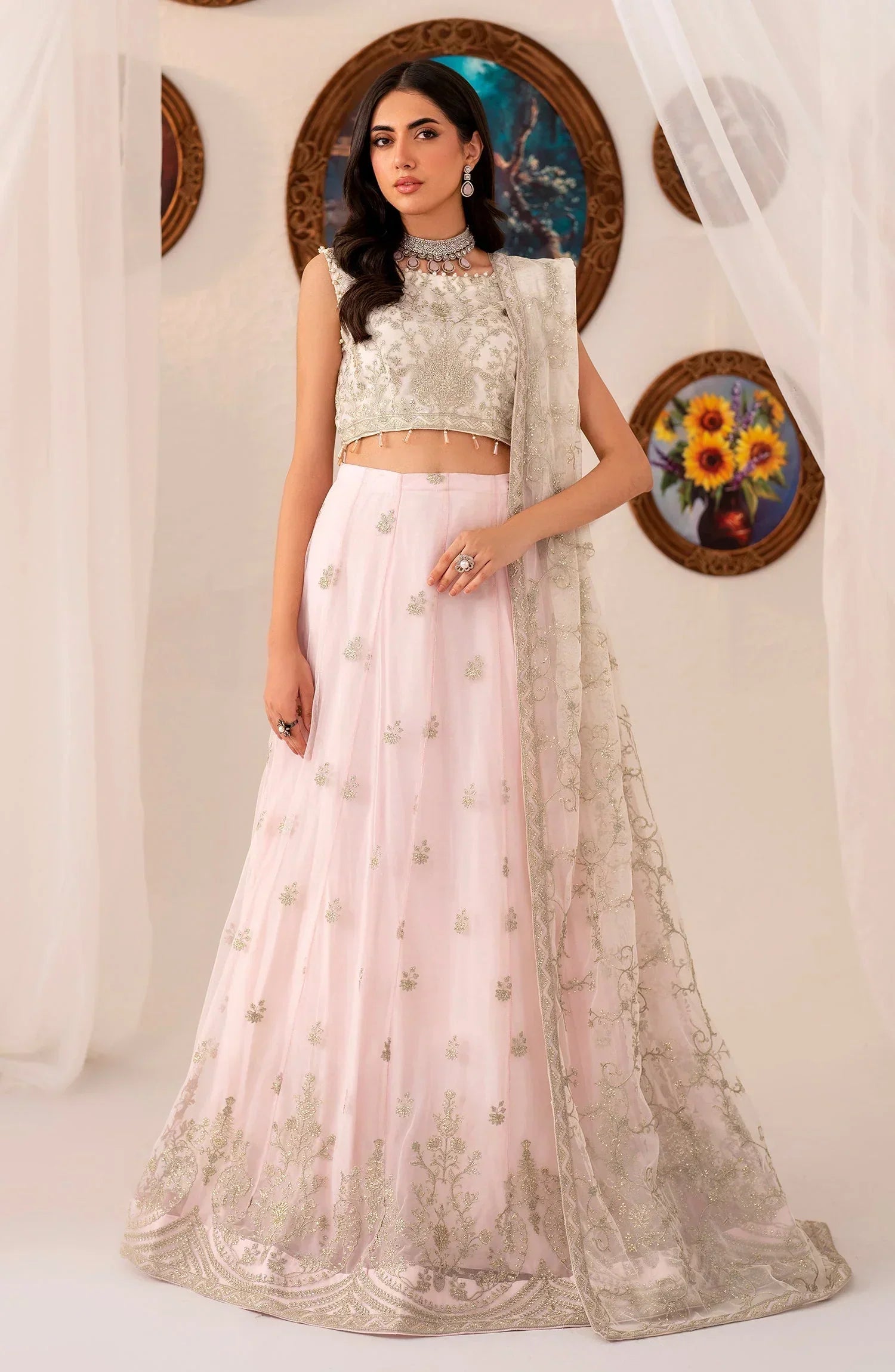 Maheer by Zarif Sequins Embroidered Net 3Pc Suit ZMU-01 PEARL - House Of Hania