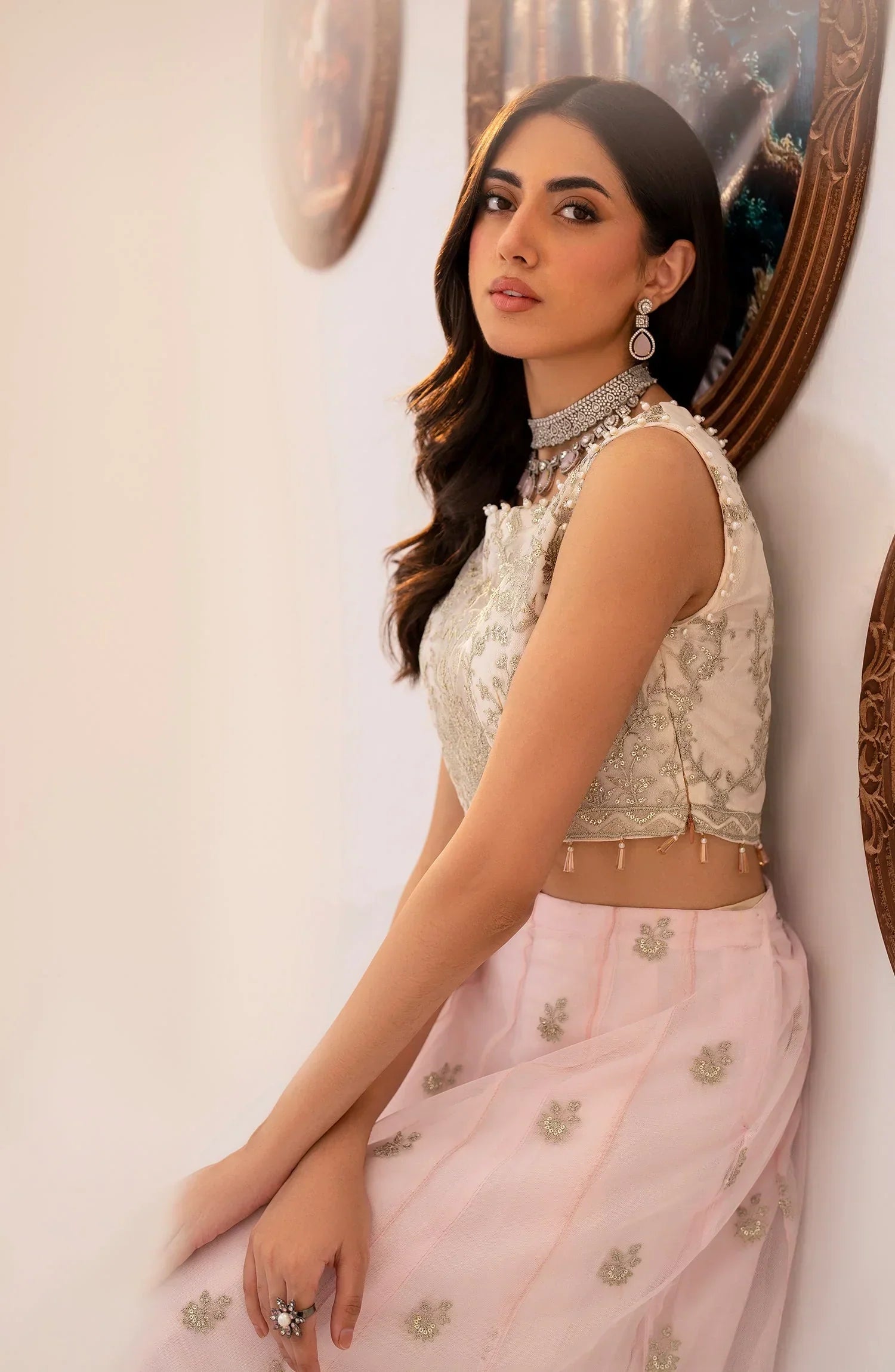 Maheer by Zarif Sequins Embroidered Net 3Pc Suit ZMU-01 PEARL - House Of Hania