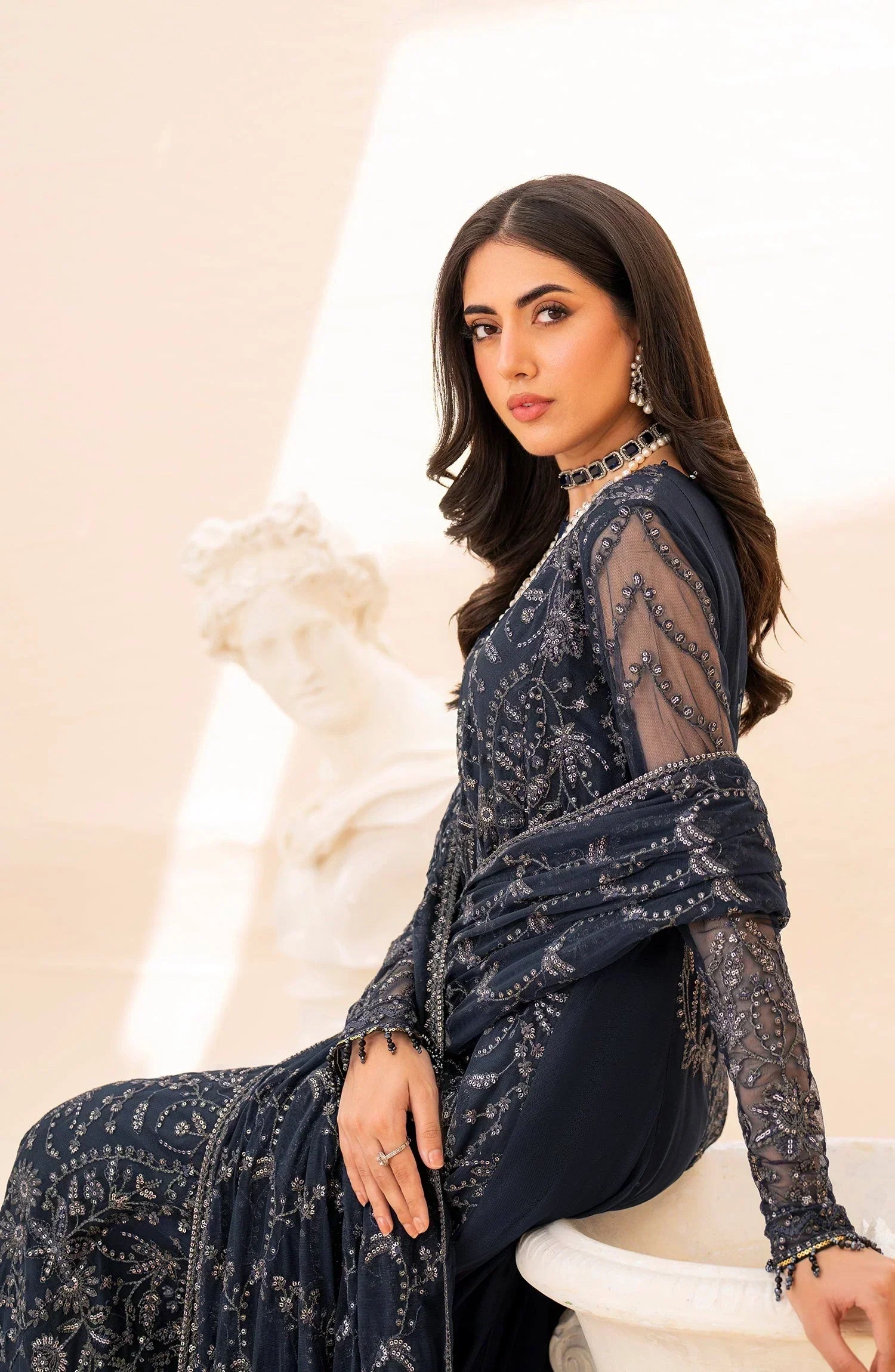Maheer by Zarif Sequins Embroidered Net 3Pc Suit ZMU-02 ILANA - House Of Hania