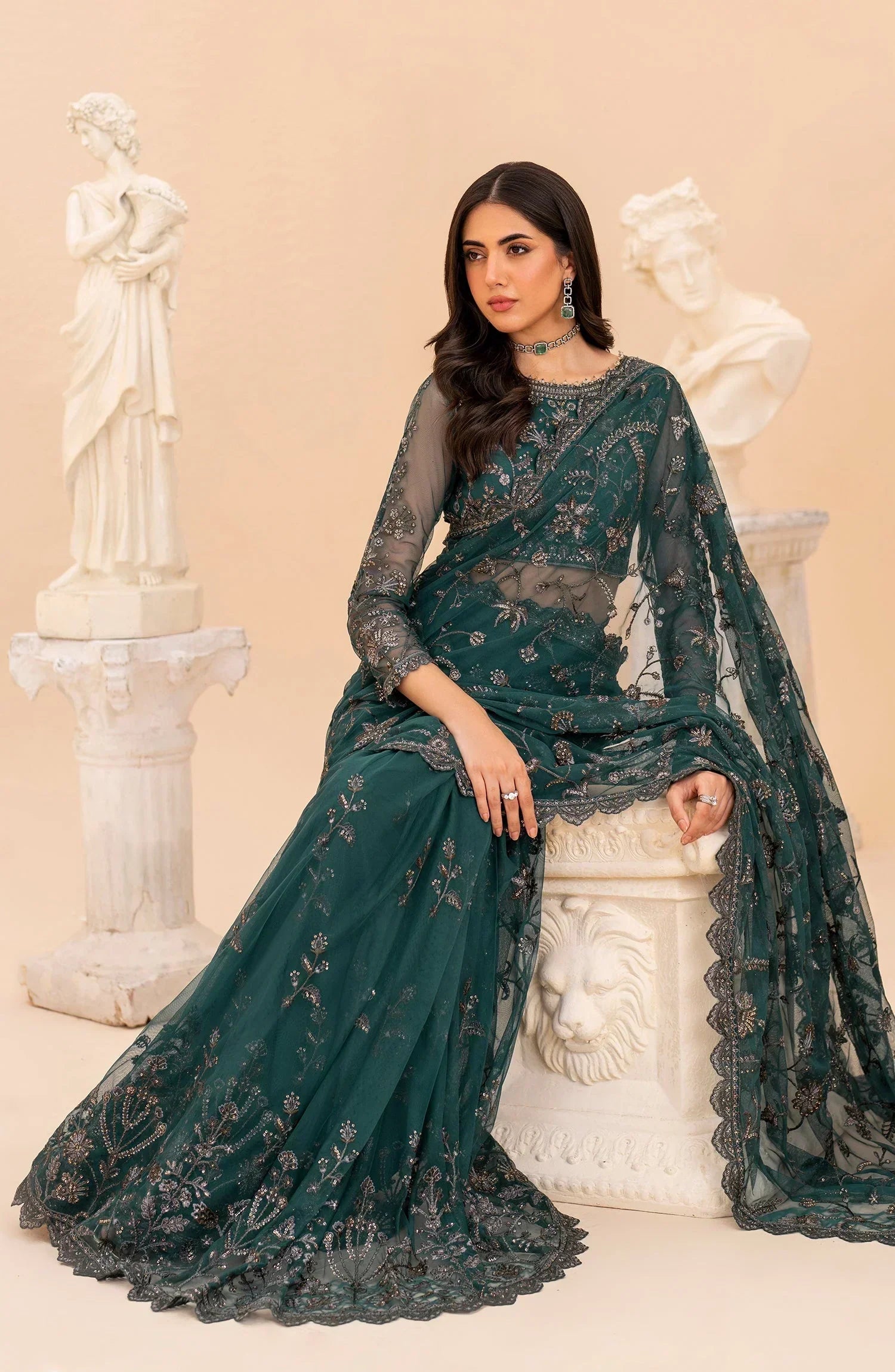 Maheer by Zarif Sequins Embroidered Net 3Pc Suit ZMU-07 ZAYB - House Of Hania