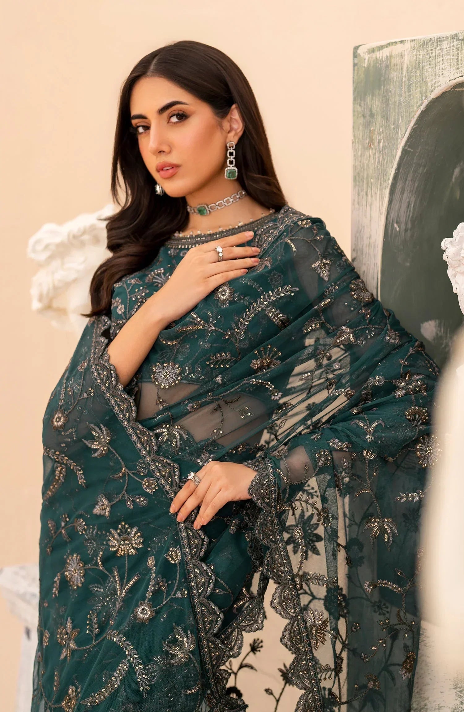 Maheer by Zarif Sequins Embroidered Net 3Pc Suit ZMU-07 ZAYB - House Of Hania