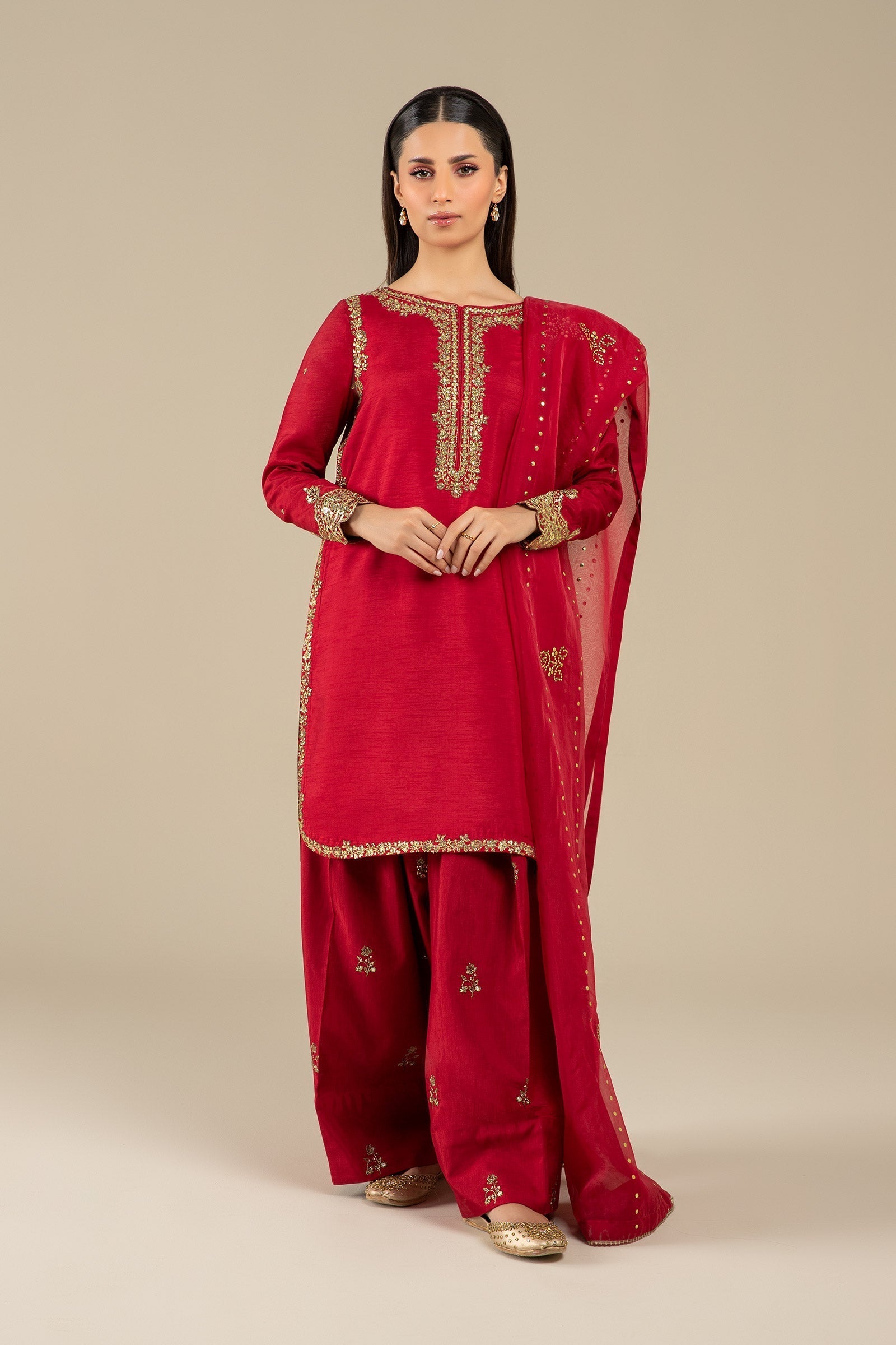 Maria B | Basics RTW | 3 Pc Embroidered Raw Silk Suit | MB-FS25-32 - House Of Hania