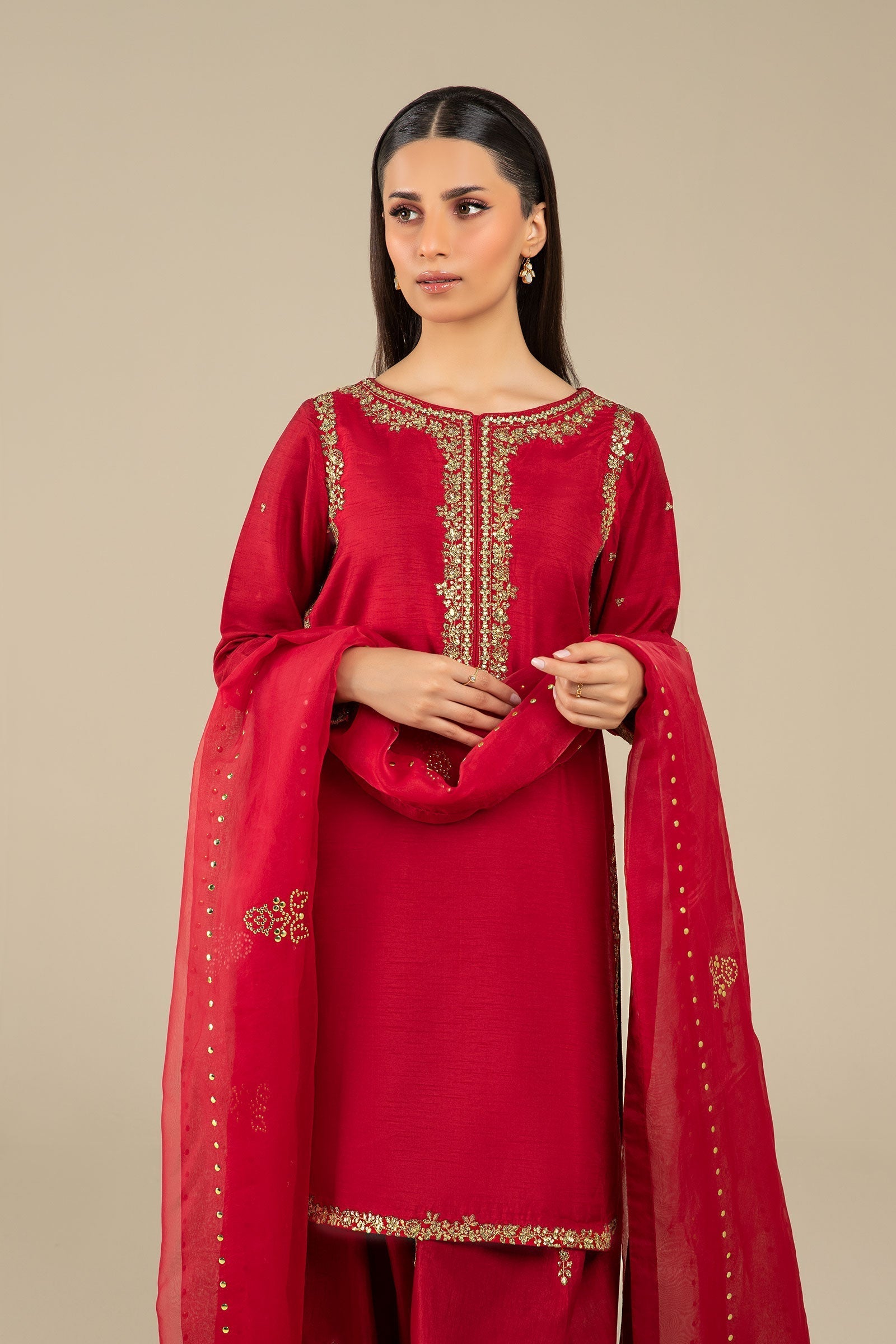 Maria B | Basics RTW | 3 Pc Embroidered Raw Silk Suit | MB-FS25-32 - House Of Hania