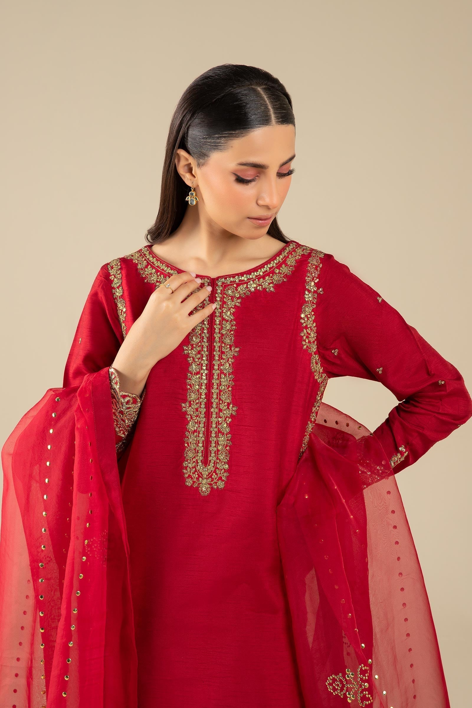 Maria B | Basics RTW | 3 Pc Embroidered Raw Silk Suit | MB-FS25-32 - House Of Hania