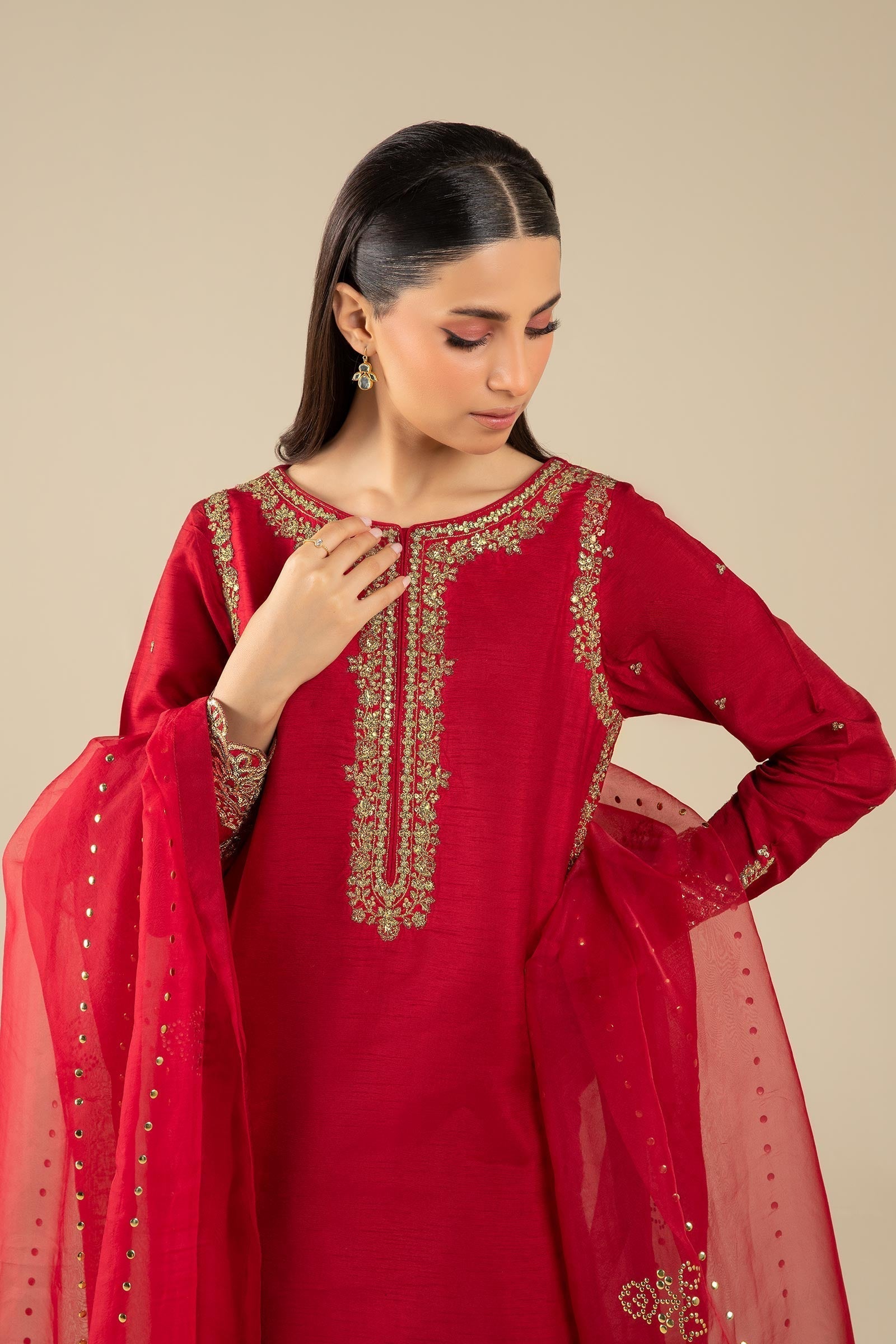 Maria B | Basics RTW | 3 Pc Embroidered Raw Silk Suit | MB-FS25-32 - House Of Hania