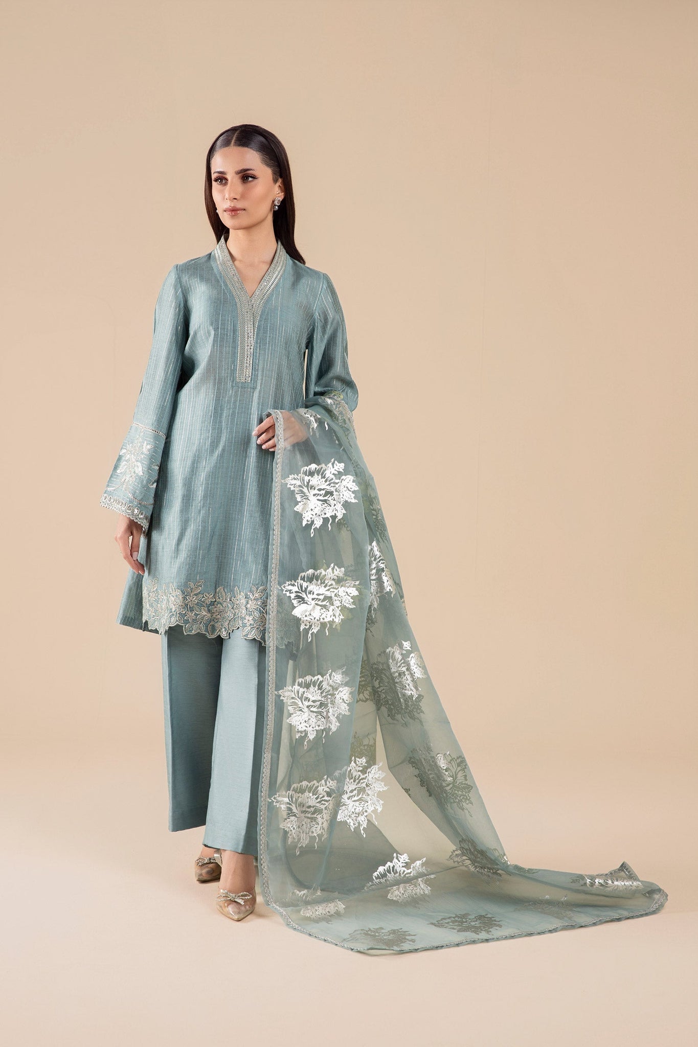 Maria B | Basics RTW | 3 Pc Embroidered Two Tone Lurex Silk Suit | MB-FS25-28 - House Of Hania
